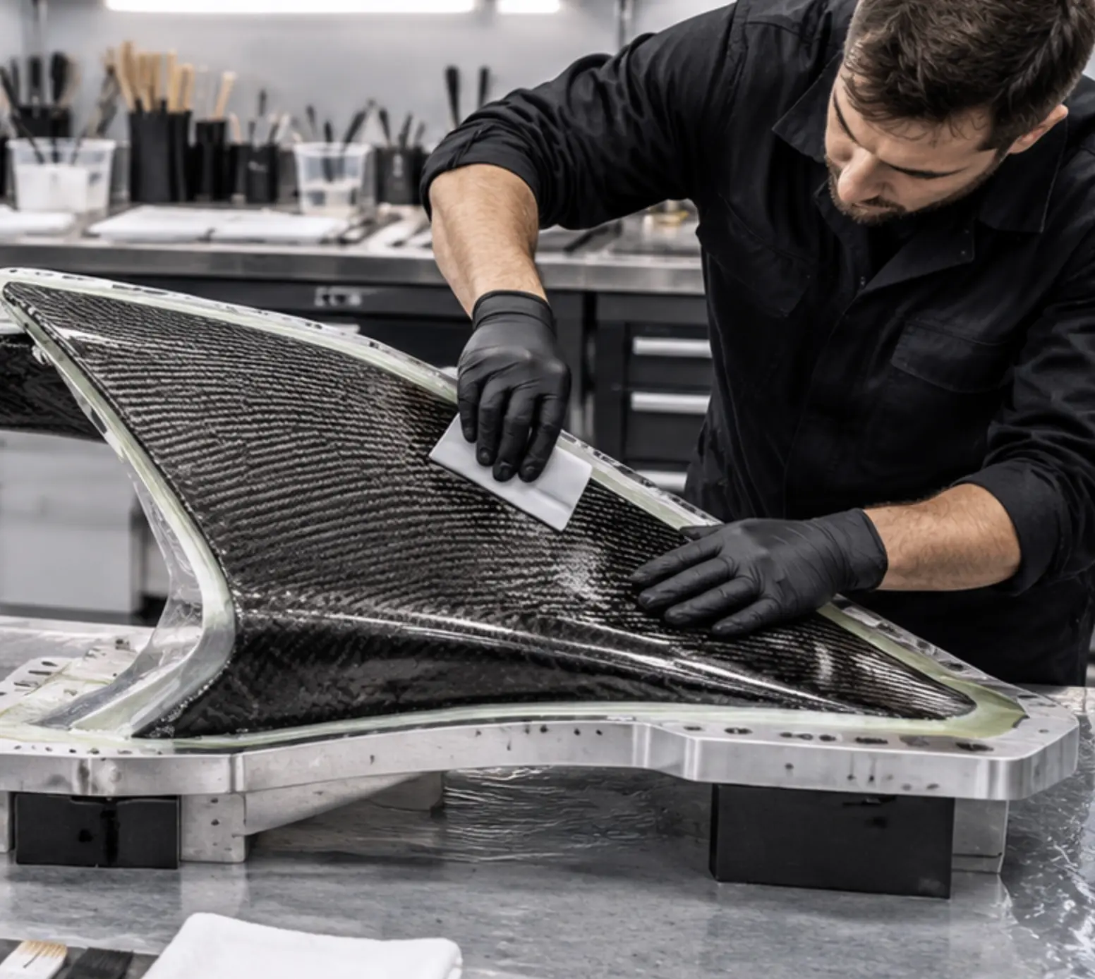 Hands laying carbon fiber weave over a sculpted panel in the workshop