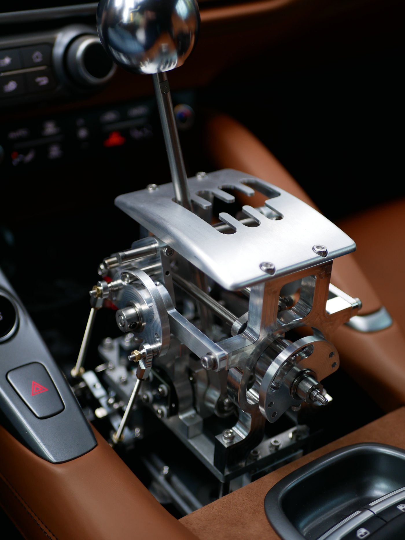 Quickshift installed in a leather-trimmed console
